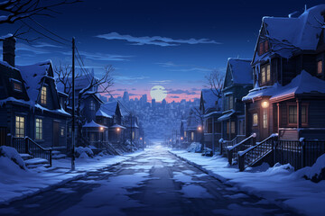 snowy street in cute neighborhood with wooden houses. illustration of cozy winter suburb area