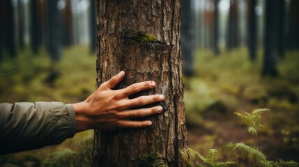Nature lover hugging trunk tree with green musk in tropical woods forest. - obrazy, fototapety, plakaty