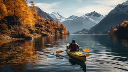 Person rowing on a calm lake in autumn, aerial view only small boat visible with serene water around - obrazy, fototapety, plakaty
