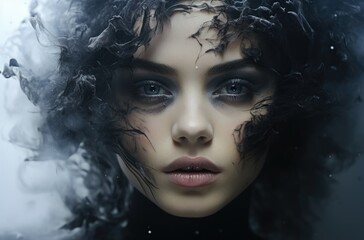 Fashion portrait of a vampire woman with beautiful dark make-up on a black background
