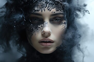 Fashion portrait of a vampire woman with beautiful dark make-up on a black background