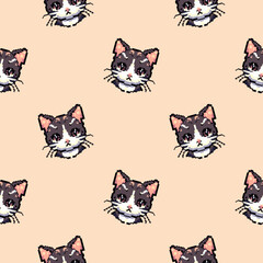 Uroczy kotek w stylu pixel art. Wektorowy powtarzalny wzór. - obrazy, fototapety, plakaty