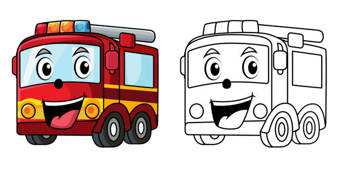 Happy Fire truck, Fire engine cartoon vector illustration, Firetruck mascot character with a happy face colored and black and white cartoon vector image