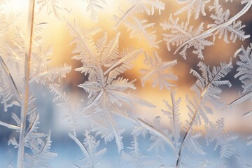 A beautifully frosted window pane on a chilly Christmas morning, with delicate ice patterns framing the view of a snow-covered garden