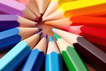 Fototapeta premium Colored pencils creatively arranged, captured in a close-up shot to highlight their intricate, vibrant hues and the artistic possibilities they hold.
