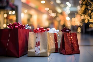 A colorful array of Christmas shopping bags filled with gifts, adorned with festive decorations and placed under a beautifully lit Christmas tree