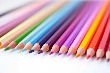 Fototapeta premium Colored pencils creatively arranged, captured in a close-up shot to highlight their intricate, vibrant hues and the artistic possibilities they hold.