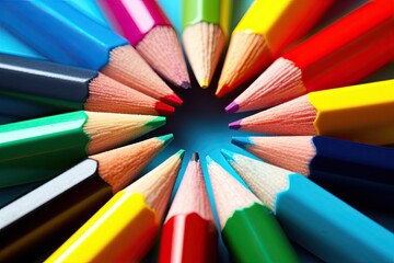 Fototapeta premium Colored pencils creatively arranged, captured in a close-up shot to highlight their intricate, vibrant hues and the artistic possibilities they hold.