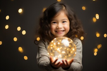 Fototapeta premium A Delighted Asian Child Holding a Shimmering Gold Star in a Festive Christmas Studio Setup Filled with Twinkling Lights and Decorations