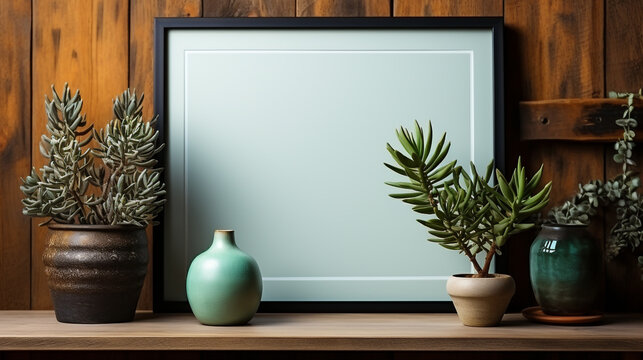 Empty frame on a vintage bookshelf mockup