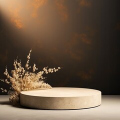 natural podium from round beige stone for product display or showcase with dry flower decoration and dark background. can be use for display jewelery, cosmetic, accessories, business, company