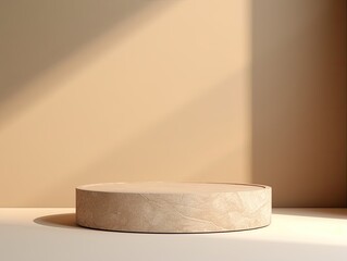 podium for photo product display in beige natural stone with dappled window shadow