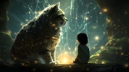 Magical Encounter: Child and Majestic Big Cat in an Enchanted Forest Adventure, Illuminated by Ethereal Lights