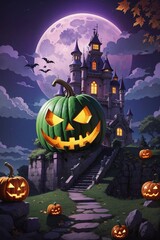 halloween  scary and handsome pumpkin  green and purple background  castle and moon
