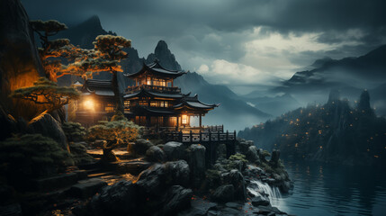 japan temple at night - obrazy, fototapety, plakaty