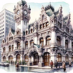 Watercolor illustration on white paper of a detailed old building with ornate carvings, a clock tower, and pedestrians passing by its entrance