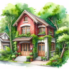 Fototapeta na wymiar Watercolor illustration on white paper of a small building with a red brick facade, wooden doors, and windows, nestled amidst lush greenery