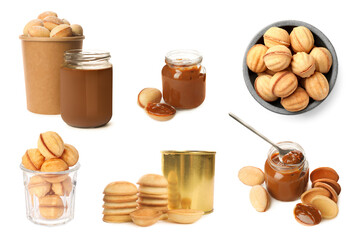 Delicious nut shaped cookies with caramelized condensed milk isolated on white, collage design
