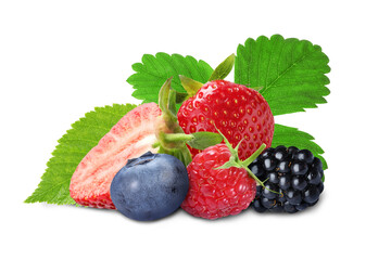 Different fresh ripe berries and green leaves isolated on white
