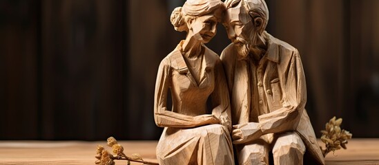 Aged sculpture of married couple on wooden backdrop