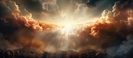Jesus ascending to heaven in a cloud shaped cross of light after resurrection - obrazy, fototapety, plakaty