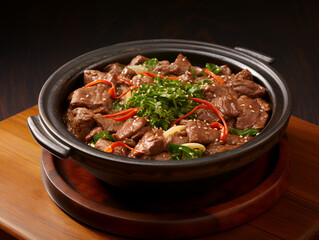 Sukiyaki is a popular Japanese hot pot dish consisting of thinly sliced beef simmered in a sweet and savory sauce with ingredients like tofu, noodles, mushrooms, and leafy vegetables.