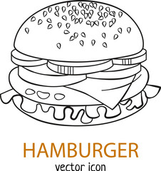 Hamburger line art vector icon isolated on white background, burger sketch black and white illustration, cheeseburger hand drawn image for menu, fastfood outline doodle