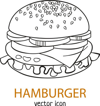 Hamburger line art vector icon isolated on white background, burger sketch black and white illustration, cheeseburger hand drawn image for menu, fastfood outline doodle