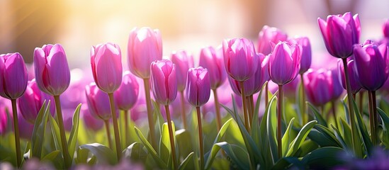 Backlit garden with spring tulips focused on purple blooms