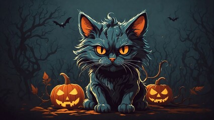 A scary cat Halloween character fantasy vector art.  