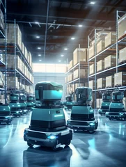 Zelfklevend Fotobehang Autonomous robots in a factory warehouse, the future of industry, tech © Marcelo