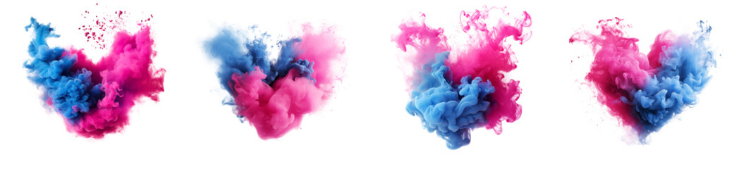 Fototapeta premium Set of pink and blue color splashes in heart shape, Acrylic colors in water ink blot explosion elements for design, isolated on white and transparent background