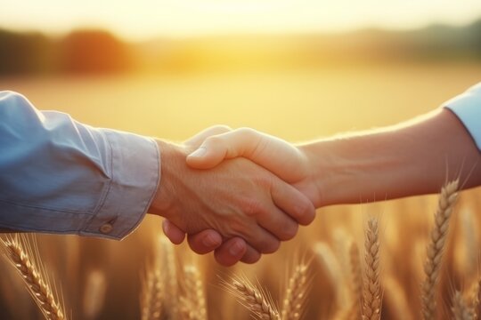Close up of two businessmen shaking hands in wheat field. Successful business concept