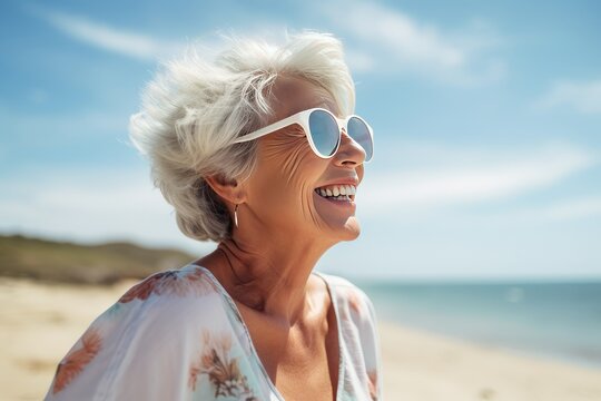 Portrait of smiling senior woman in sunglasses on beach during sunny day