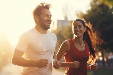 Young couple jogging in the city at sunset. Healthy lifestyle. - obrazy, fototapety, plakaty