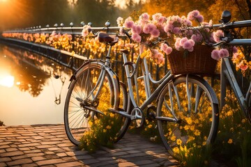 Beautiful sunrise with flowers and bicycles on the bridge in spring 