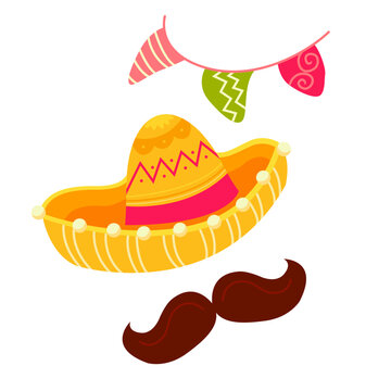 Mexican Traditional Clothes Sombrero Hat Maraca, Mexico Cinco De Mayo Holiday Flat Vector Illustration. Cinco de Mayo Mexican Hat, Maracas Cartoon Clipart. 