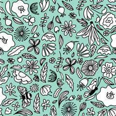 Flowers, wild flowers, leaves, insects seamless pattern. Summer pattern with wild flowers and butterfly. Pattern on a blue background with flowers