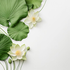 White lotus flower and leaves isolated on a white background, Tropical flower background design for cosmetics, yoga, wall photo print, postcards, covers. Buddha flower. Generative AI.	