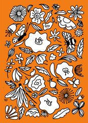 Flowers, wild flowers, leaves, insects poster. Summer pattern with wild flowers and butterfly. Background with flowers