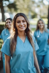 smiling nurse in blue scrubs looking at camera while her colleagues standing in background
