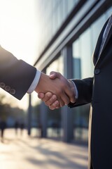 Businessman and businesswoman shaking hands in front of modern office building