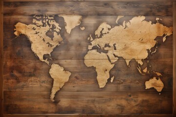 Old world map engraved on worn wooden surface in rustic style