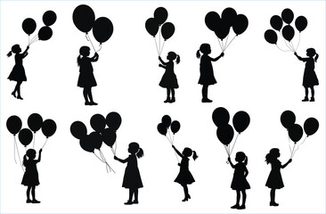 Girl holding balloons silhouette, children playing silhouettes