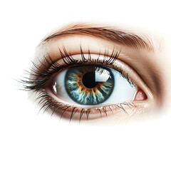 Eye of the woman. Beautiful blue eye with long lashes close up. Human eye macro detail isolated on white