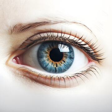 Close up of a female blue eye isolated on white background