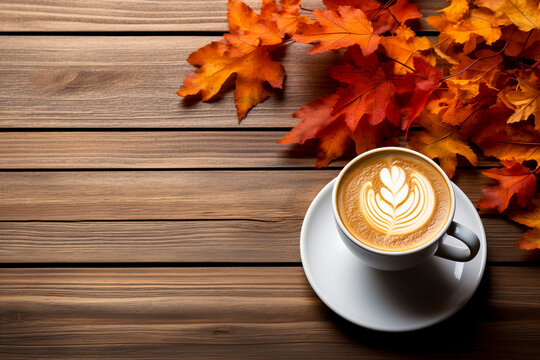 Flat lay composition of coffee cup and autumn leaves
