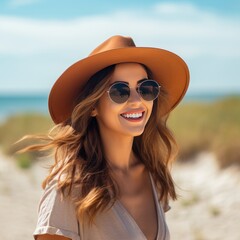 Portrait of beautiful young woman in hat and sunglasses on the beach