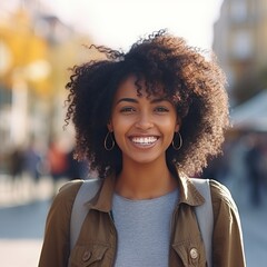 Close up portrait of a beautiful young african american woman smiling on the street