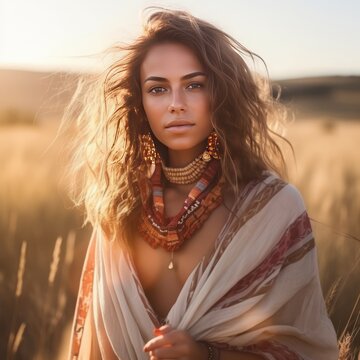 Portrait of beautiful young hippie woman in field at sunset.